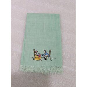 Vintage Linen Tea Towel Fingertip Fringed Embroidered Man Woman Mint Green